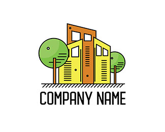 Construction logo with trees and buildings