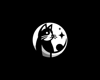 Moon and Cat Logo, Minimal Cat Mascot Logo