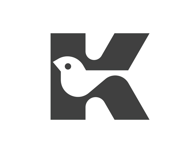 Negative space letter K sparrow bird monogram typo